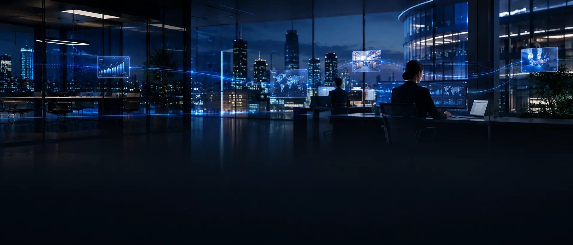Professionals working with connected enterprise data in a modern office at night