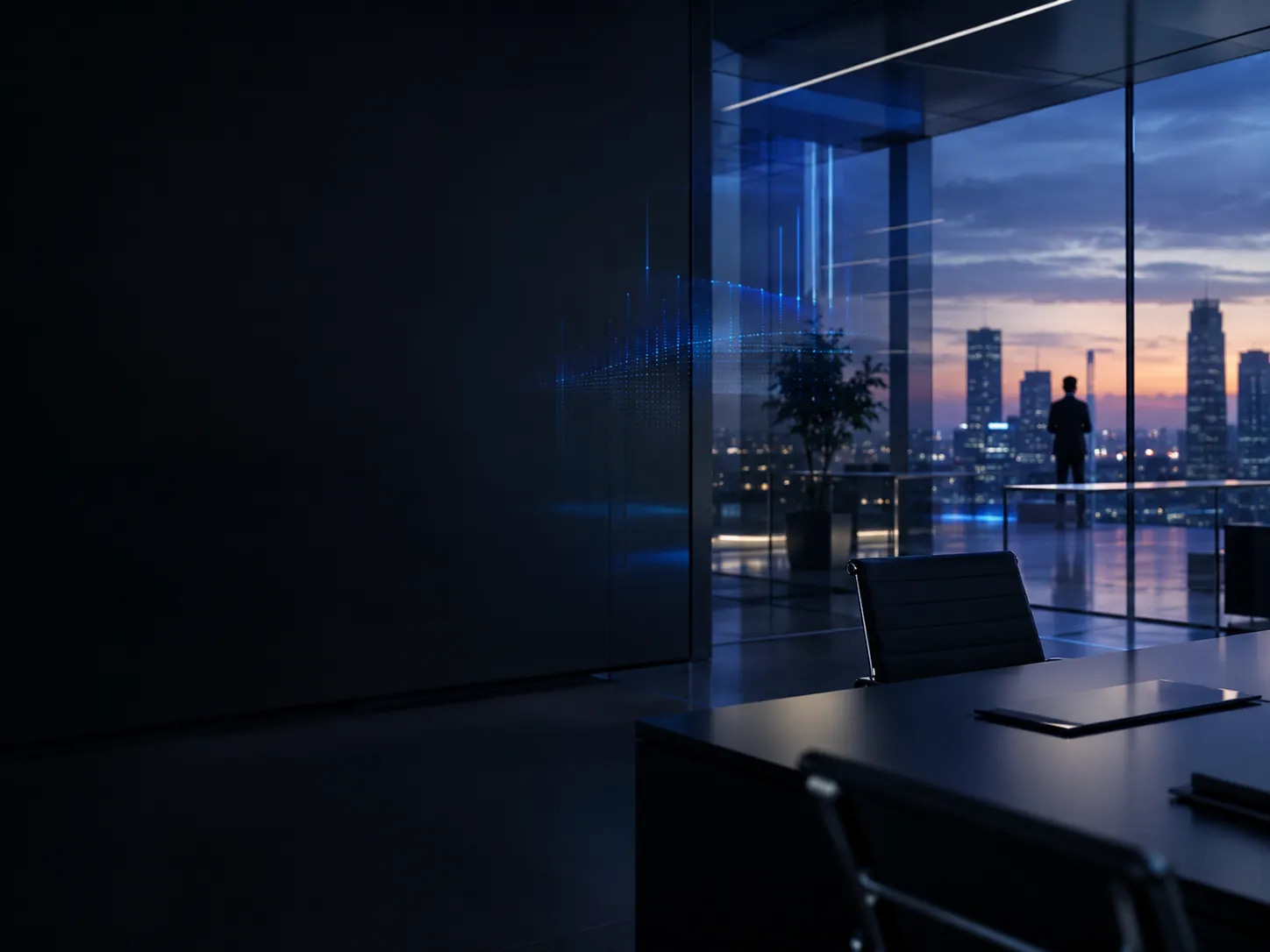 A modern executive office at dusk with subtle data visualisation on the glass