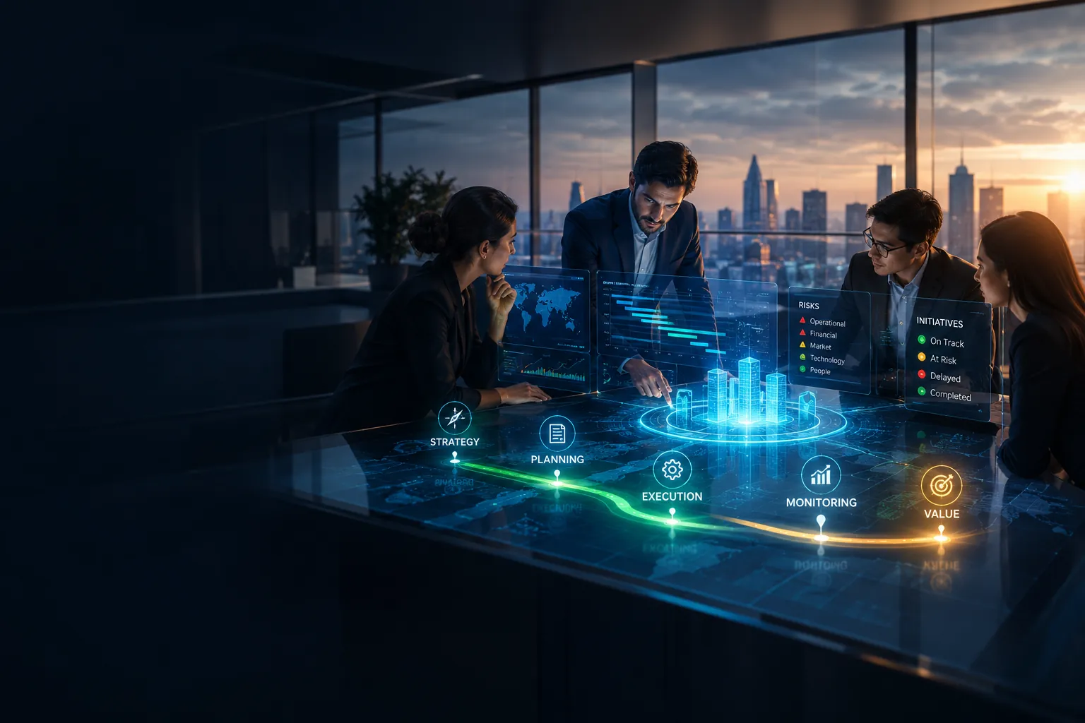 A leadership team reviewing strategy, execution and value on an interactive table